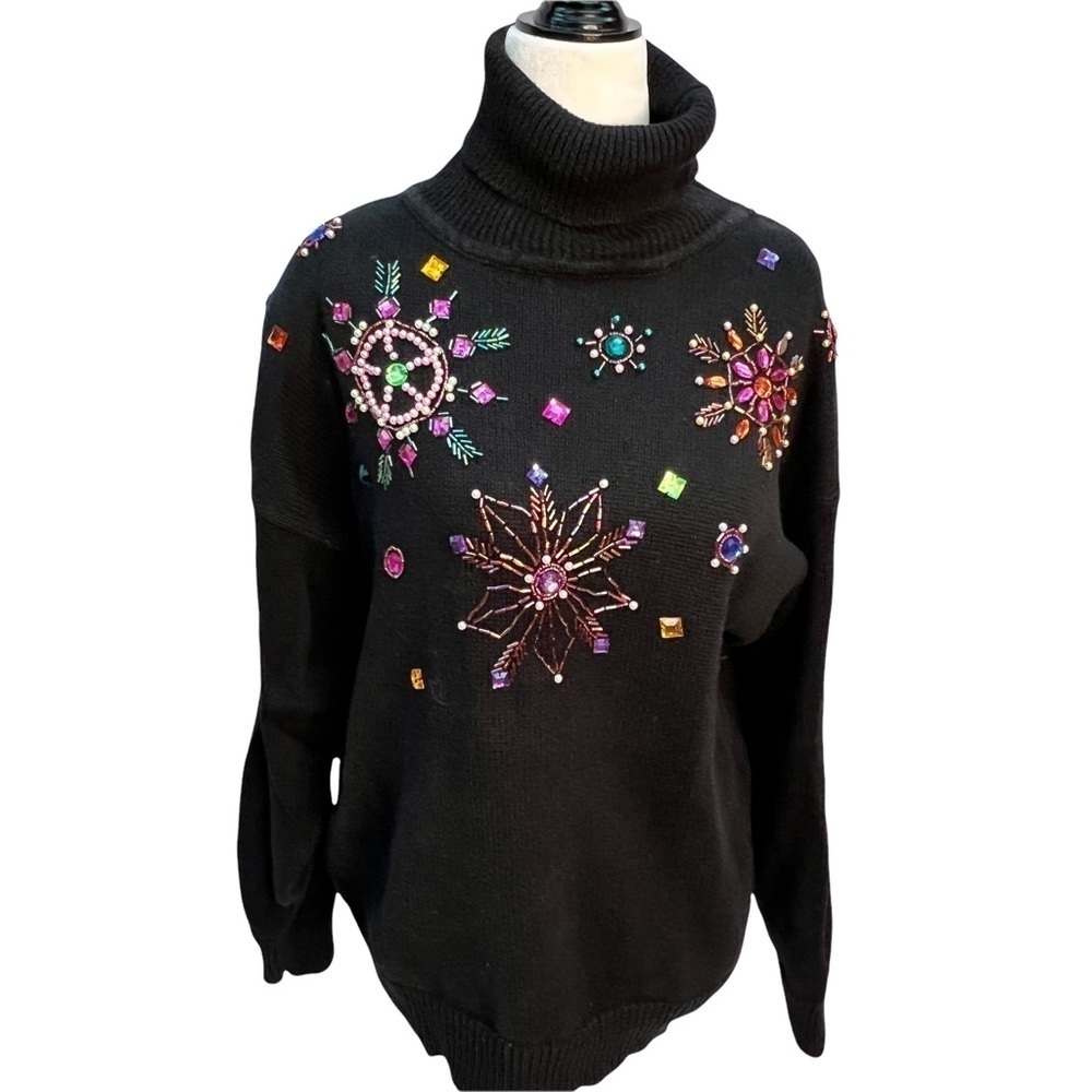 𝅺RARE! Vintage 80's Black Cotton Blend Beaded Jewelled Sweater Size L